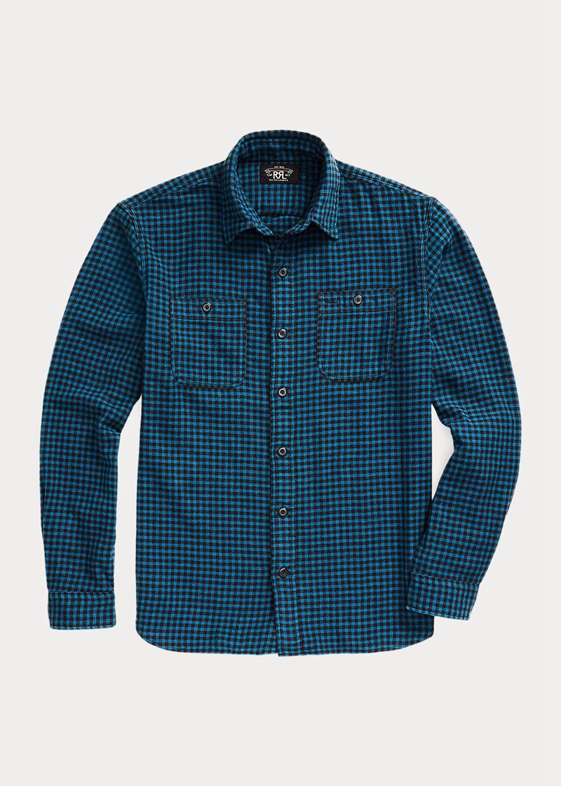 RRL シャツ メンズ 青 弁慶の インジゴ コットン-リネン Work KRYMW4852